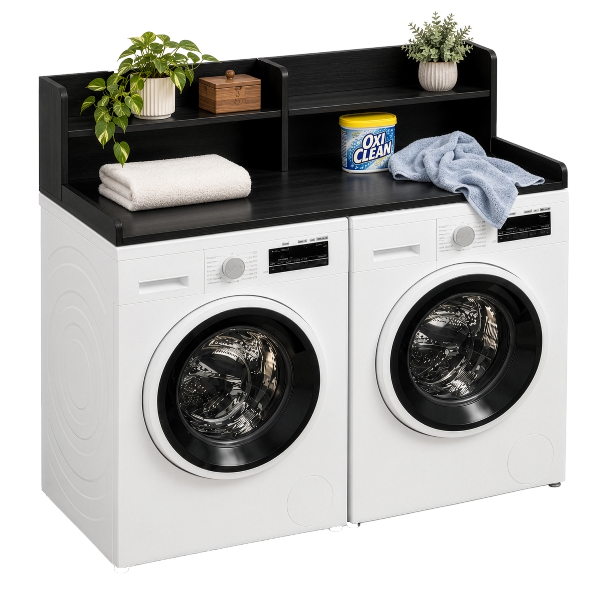 QI005000.BK 54' Washer and Dryer Countertop Organizer Rack with Raised Split-Level Space-Saving Shelf Topper Surface, Black
