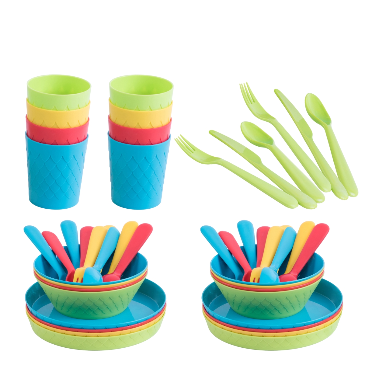 48-Piece Kids Plastic Dinnerware Set, Pack of 2, Service for 8, Colorful Reusable Plates, Bowls, Cups, Forks, Knives