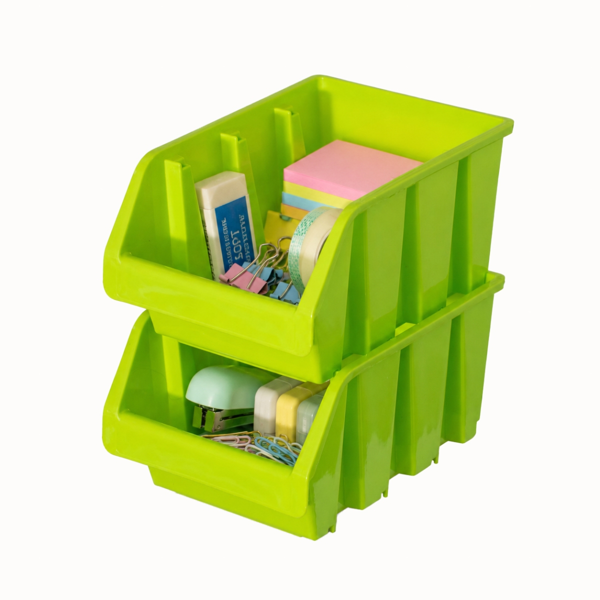 QI005015.GN  2-pc Stackable Easy-Access Plastic Storage Organizer Basket Green