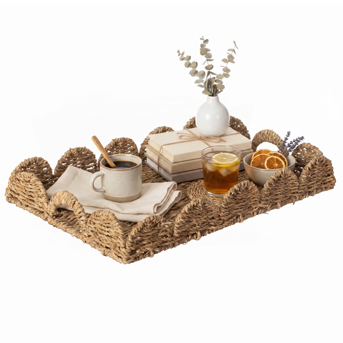 QI005018.R.L  Decorative Rectangular Seagrass Serving Tray with Handle, Large