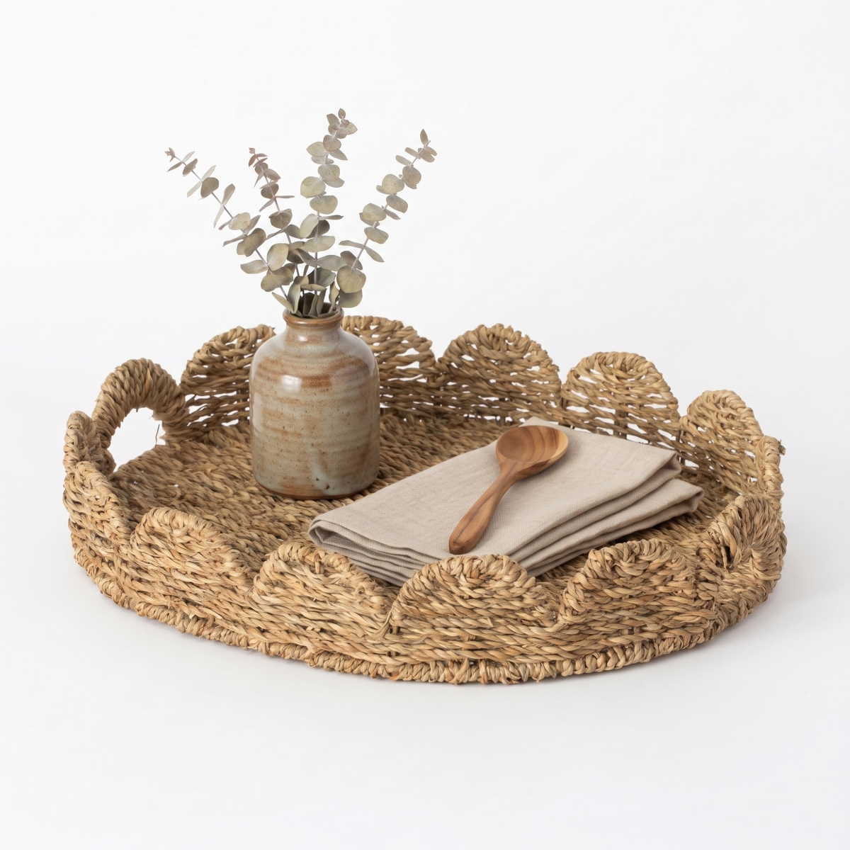 QI005018.R.M  Decorative Round Seagrass Serving Tray with Handle, Large