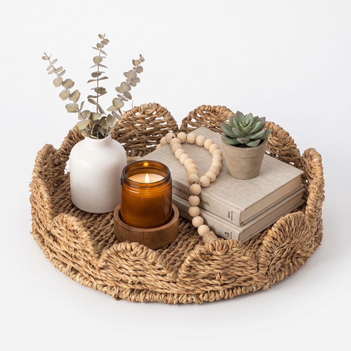 QI005018.R  Decorative Round Seagrass Serving Tray with Handle, Small
