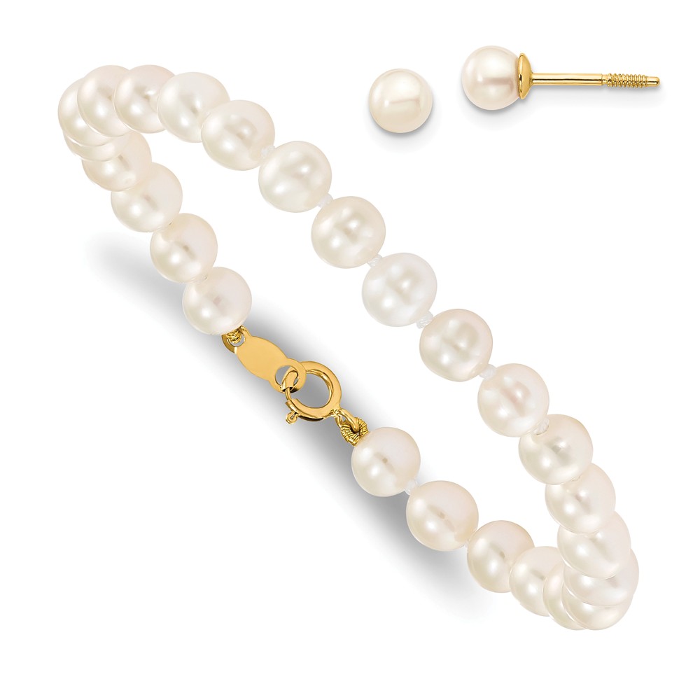 Picture of Finest Gold 5.5 mm 14K Yellow Gold Madi K White Freshwater Cultured Pearl Bracelet &amp; Earring Set&amp;#44; Pair