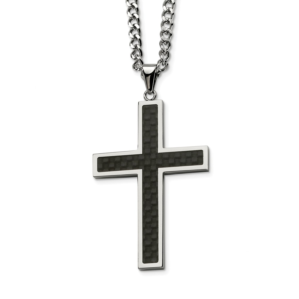 Stainless Steel Polished with Black Carbon Fiber Cross 24 in. Necklace -  J Brand, J 1615214