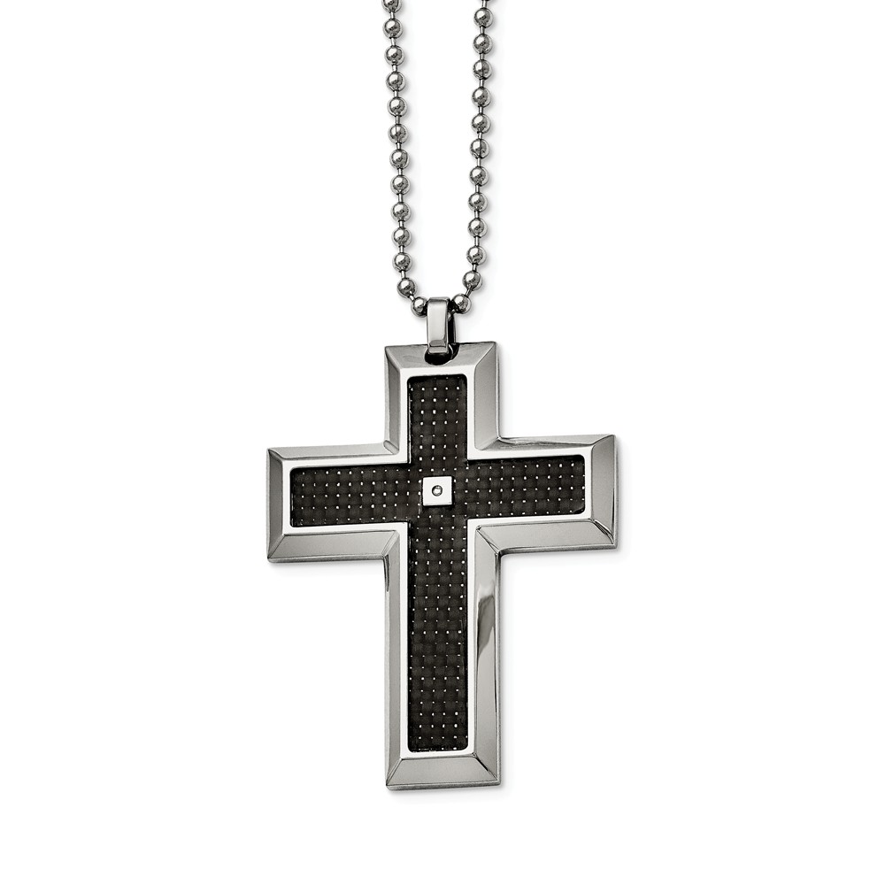 Stainless Steel Black Carbon Fiber Inlay 0.01 CT Diamond Accent Cross Necklace - Size 24 -  J Brand, J 1605151