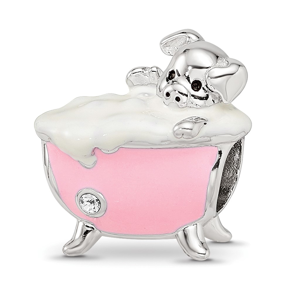 Picture of Quality Gold QRS3958 Sterling Silver Reflections Rhodium-Plated Pink Enamel & CZ Pig in Bathtub Bead