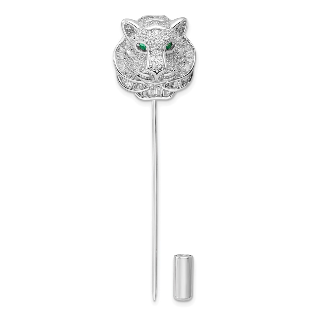 Sterling Silver Rhodium-Plated Polished Clear & Green CZ Tiger Pin -  Finest Gold, UBSQP5420