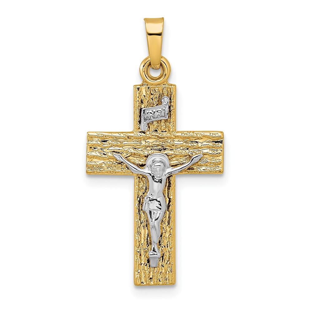 Picture of Finest Gold 14K Two-tone Polished Wood Texture Solid Inri Crucifix Pendant