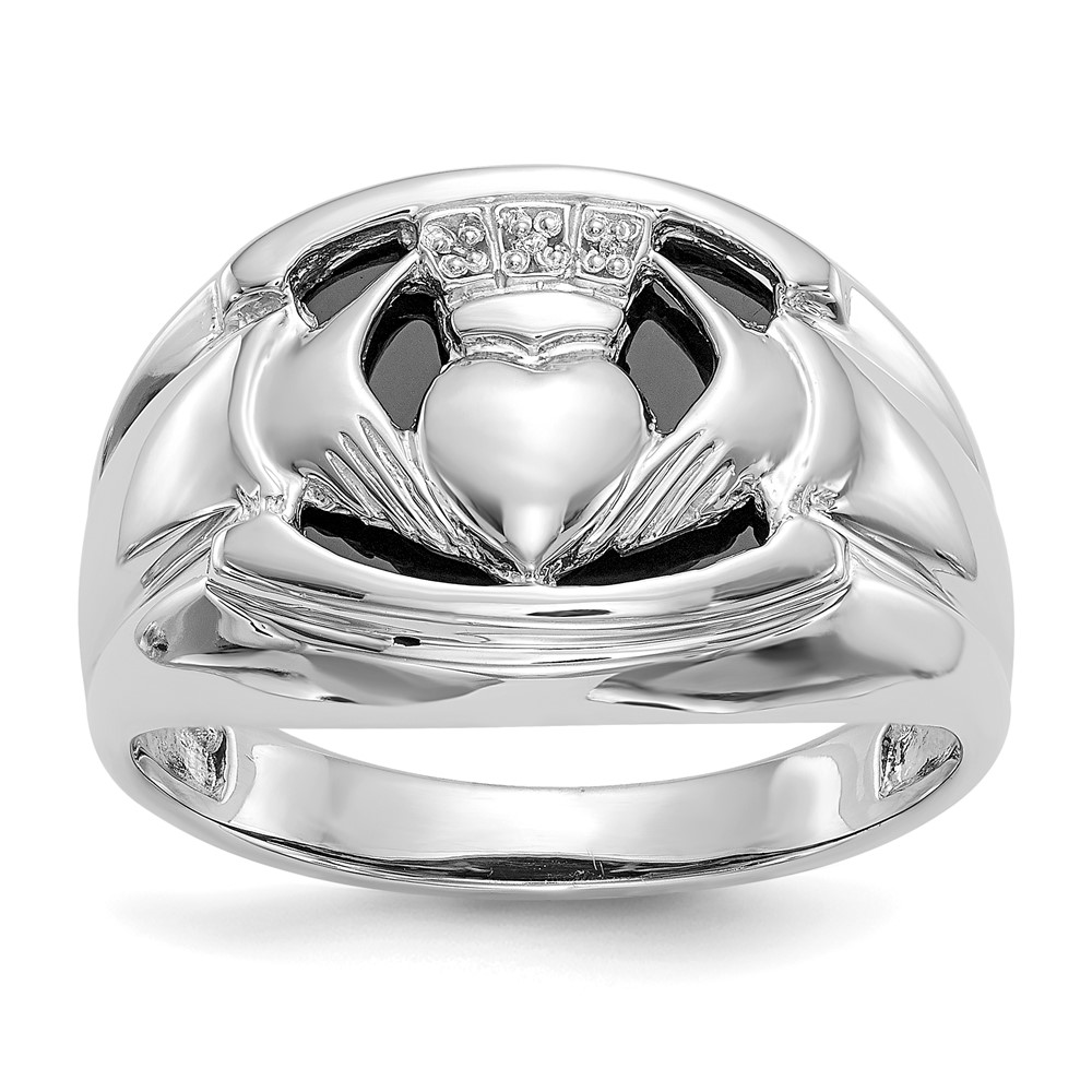 Picture of Finest Gold 14K White Gold 0.01CT Diamond &amp; Onyx Mens Claddagh Ring Mounting - Size 10