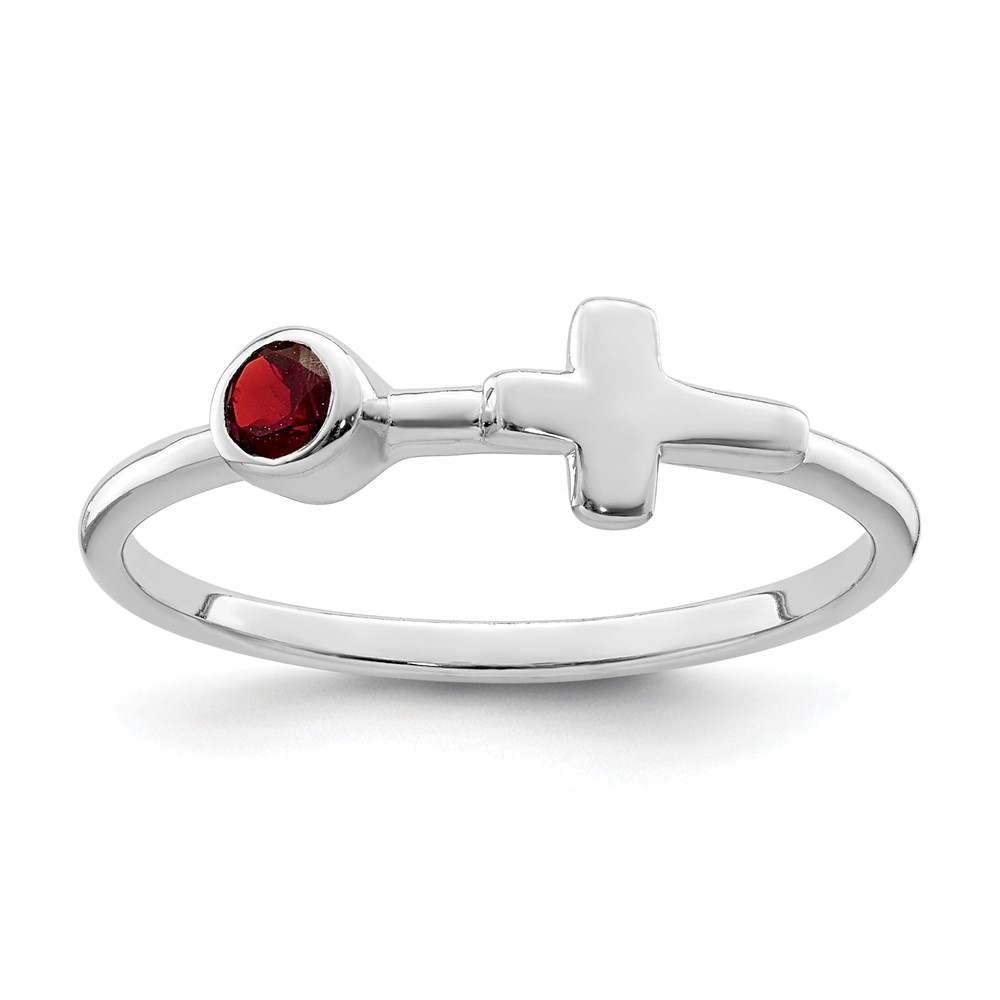 Picture of Finest Gold Sterling Silver Rhodium-Plated Polished Cross Garnet Ring - Size 7