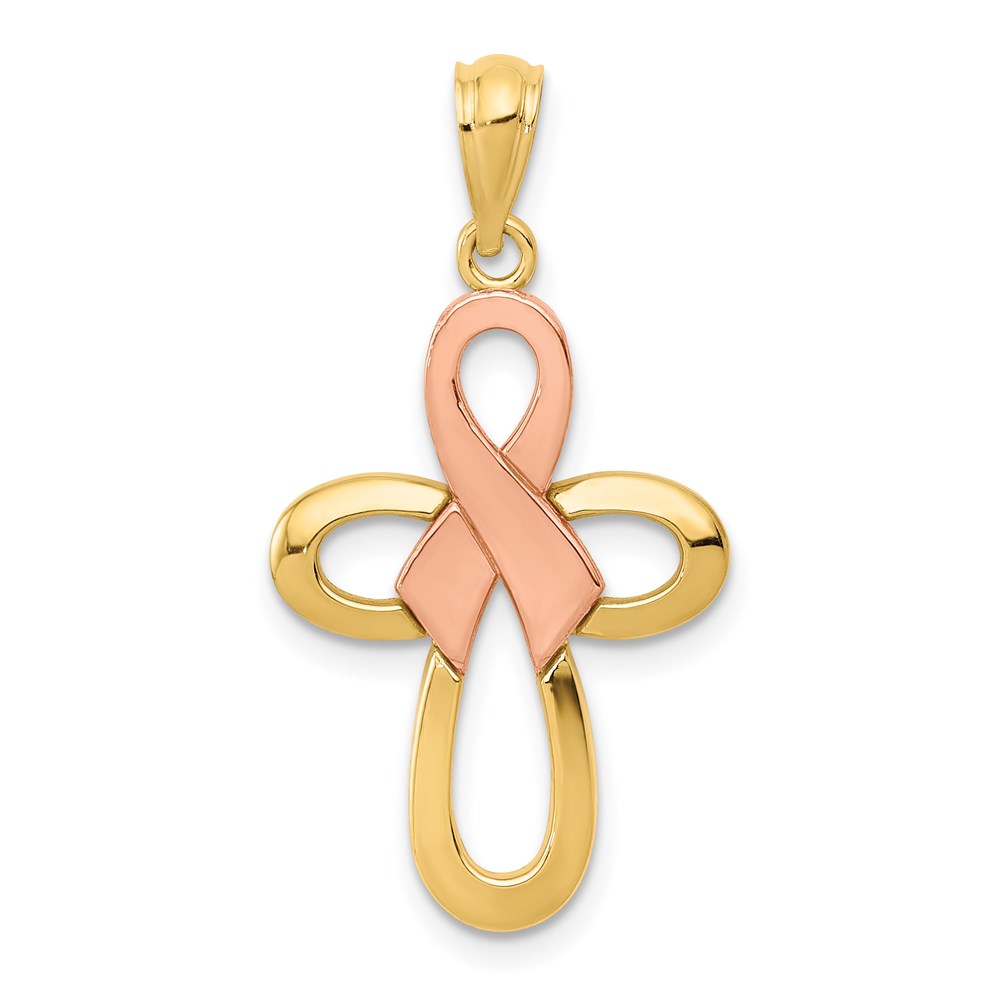 Picture of Finest Gold 14K Two-tone Polished Pink Ribbon Cross Pendant