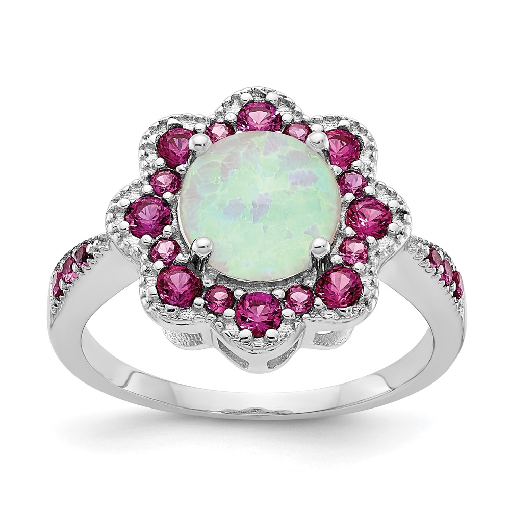 Picture of Finest Gold Sterling Silver Cheryl M Rhodium-Plated Crystal Opal &amp; Red Nano Crystal Flower Ring - Size 7
