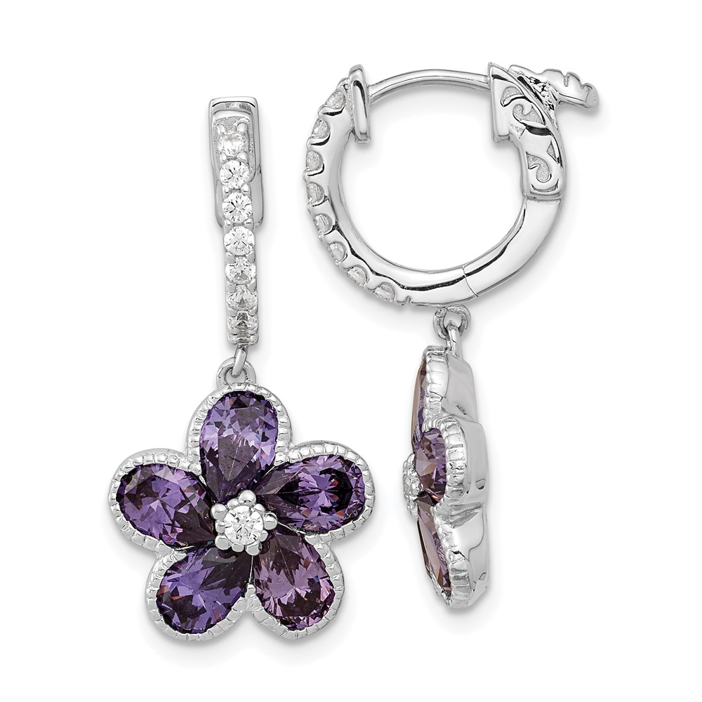 Sterling Silver Cheryl M Rhodium-Plated Purple & White CZ Flower Hoop Dangle Earrings -  Bagatela, BA2716752