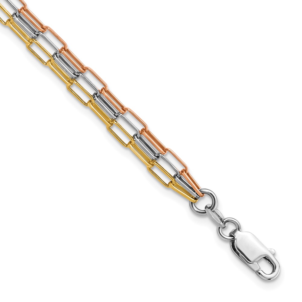 Sterling Silver RH-plate Rose & Yellow-Tone Paperclip Link 3-Strand 7.5 in. Bracelet -  Finest Gold, UBSQG5987-7.5