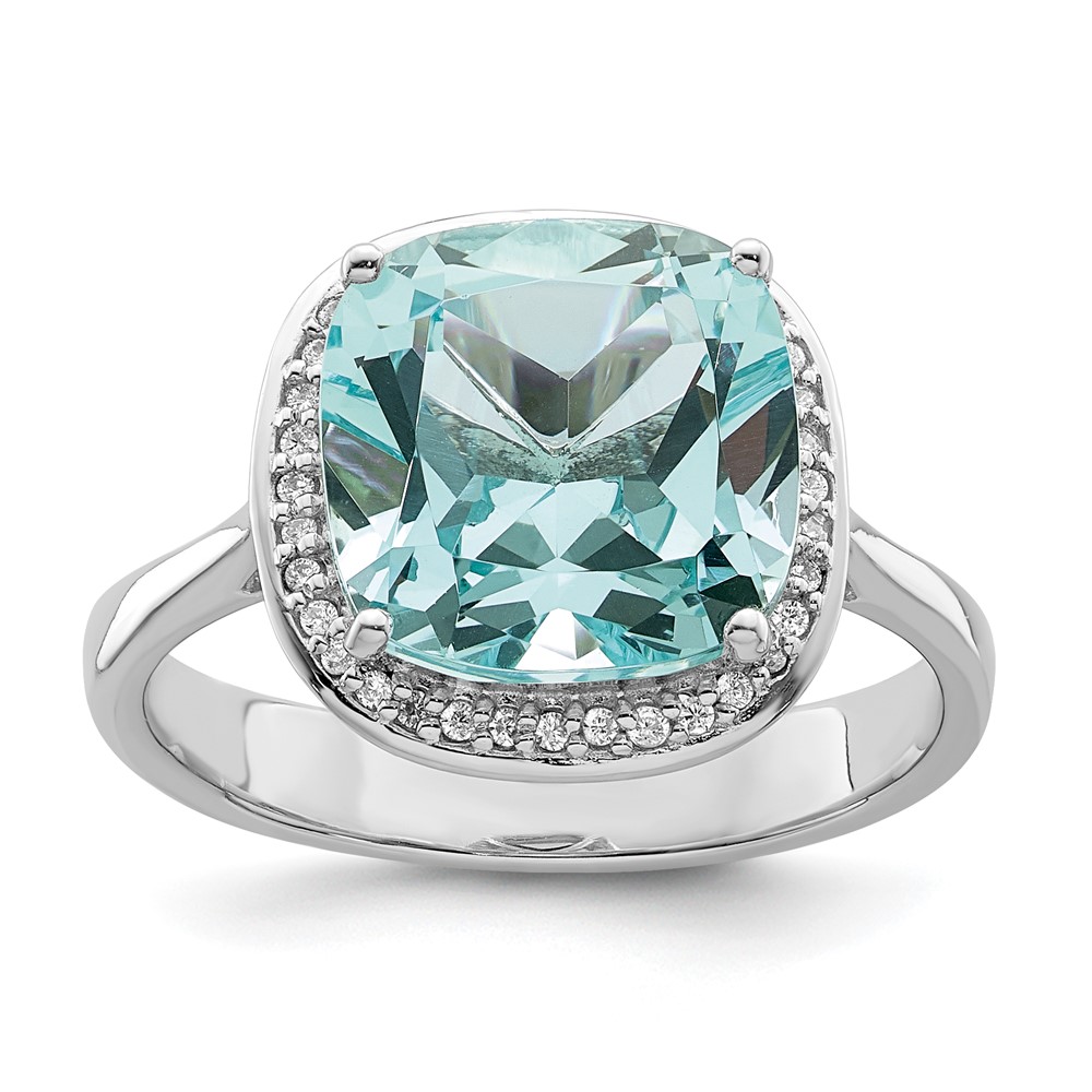 Picture of Finest Gold Sterling Silver Rhodium-Plated Light Blue Crystal CZ Halo Ring - Size 7