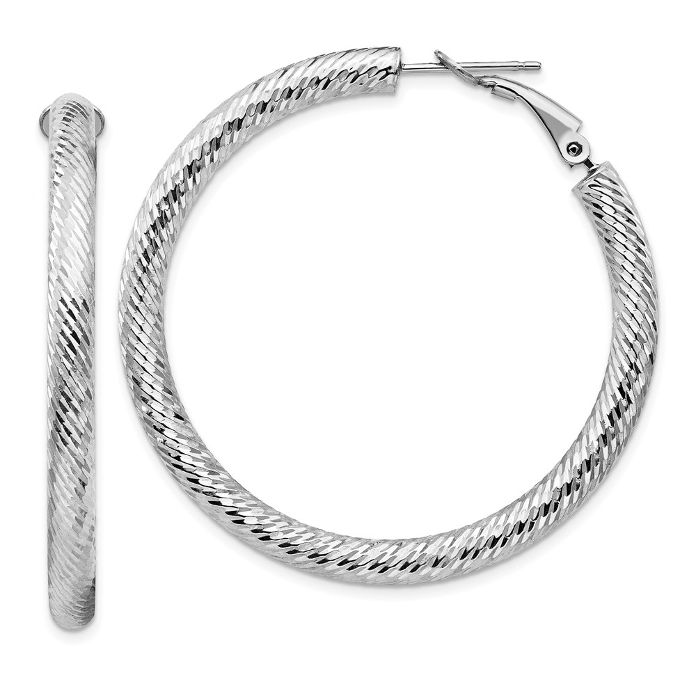 14K 4 x 35 mm White Gold Diamond-Cut Round Omega Back Hoop Earrings -  Bagatela, BA2693655