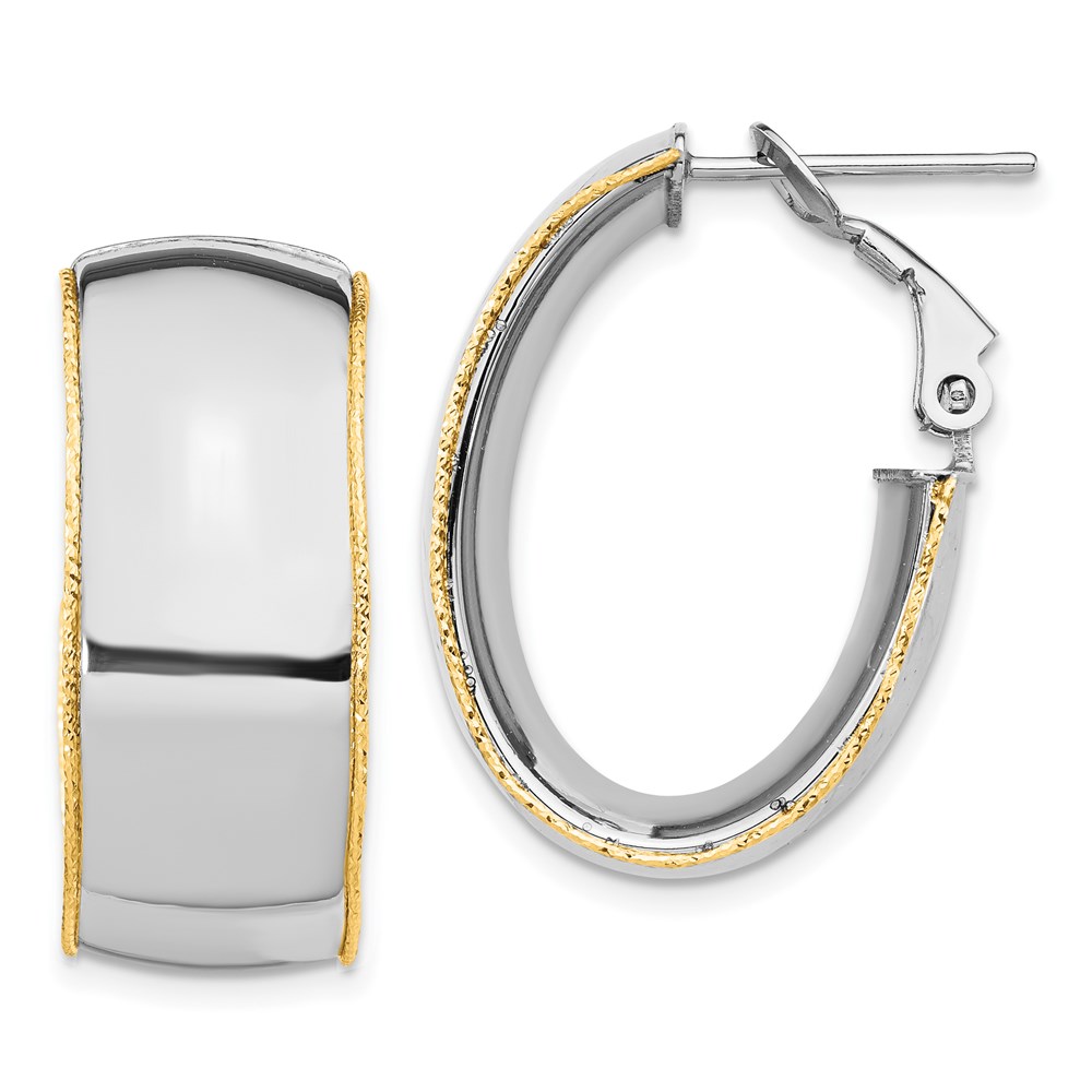 Picture of Finest Gold 14K Two-Tone White Yellow 9.5 mm Polished with Yellow Gold Diamond-Cut wire Accent Oval Hoop Earrings