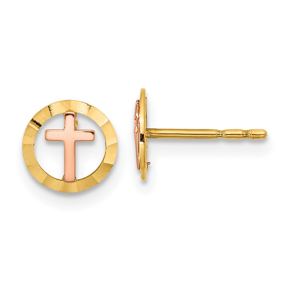 Picture of Finest Gold 14K Two-Tone Circle with Cross Post Earrings