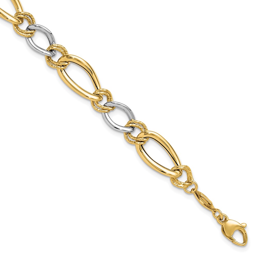 Picture of Finest Gold 14K Two-Tone Polished &amp; Textured Fancy Oval Curb 7.5 in. Bracelet
