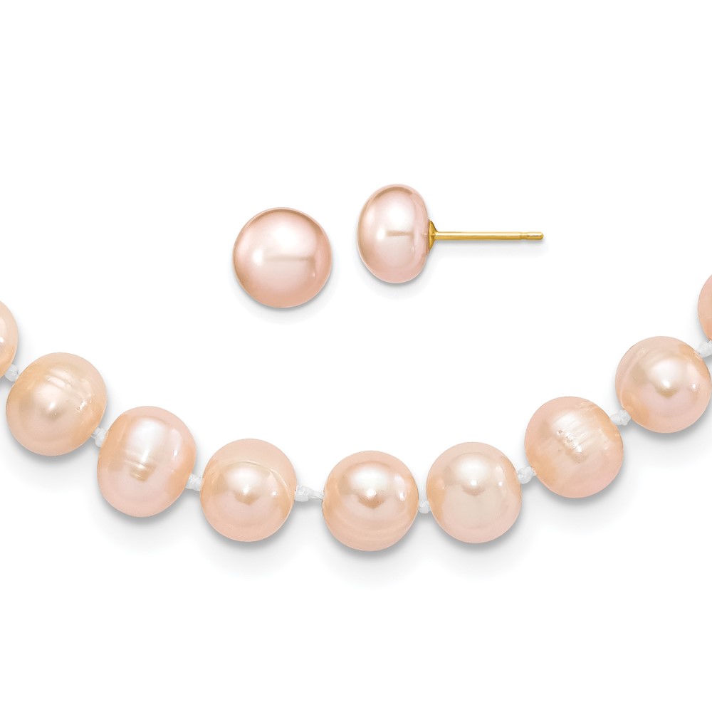 Picture of Finest Gold 14K Yellow Gold 7-8 mm Near Round Pink FWC Pearl Necklace &amp; Button Earrings Set