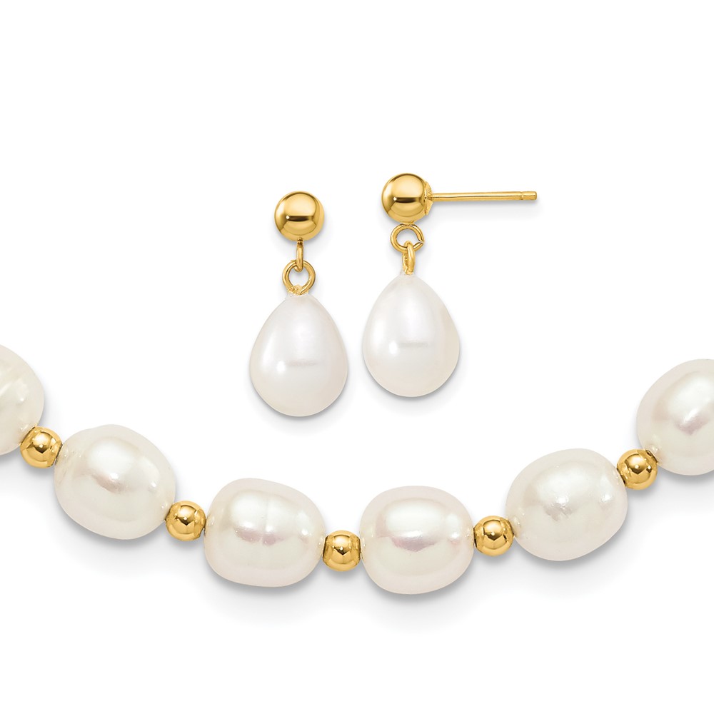 Picture of Finest Gold 14K 7-8 mm White FW Cultured Pearl Necklace &amp; Bead Post Earring Set