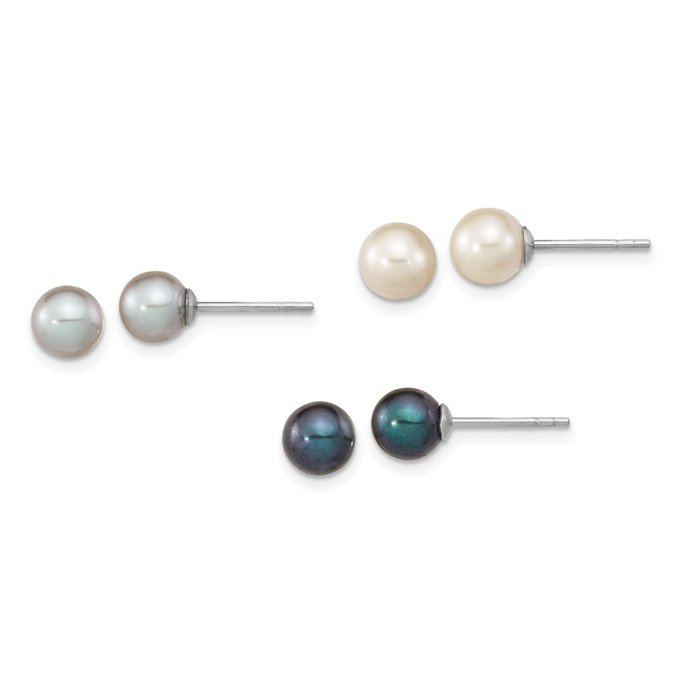 Picture of Finest Gold Sterling Silver Rhodium-plated 6-7 mm Set of 3 White&amp;#44; Black &amp; Gray Round FWC Pearl Earrings