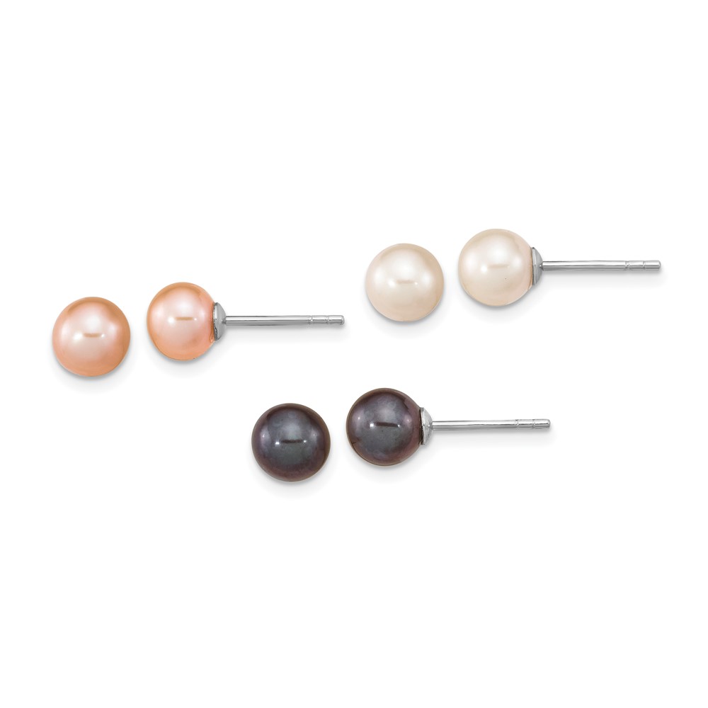 Picture of Finest Gold 6-7 mm Sterling Silver Rhodium Plated Round FWC Pearl Earrings&amp;#44; White&amp;#44; Black &amp; Pink - Set of 3