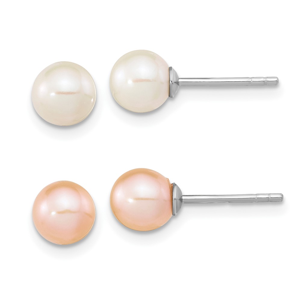 Picture of Finest Gold 6-7 mm Sterling Silver Rhodium Plated Round FWC Pearl Earrings&amp;#44; White &amp; Pink - Set of 2