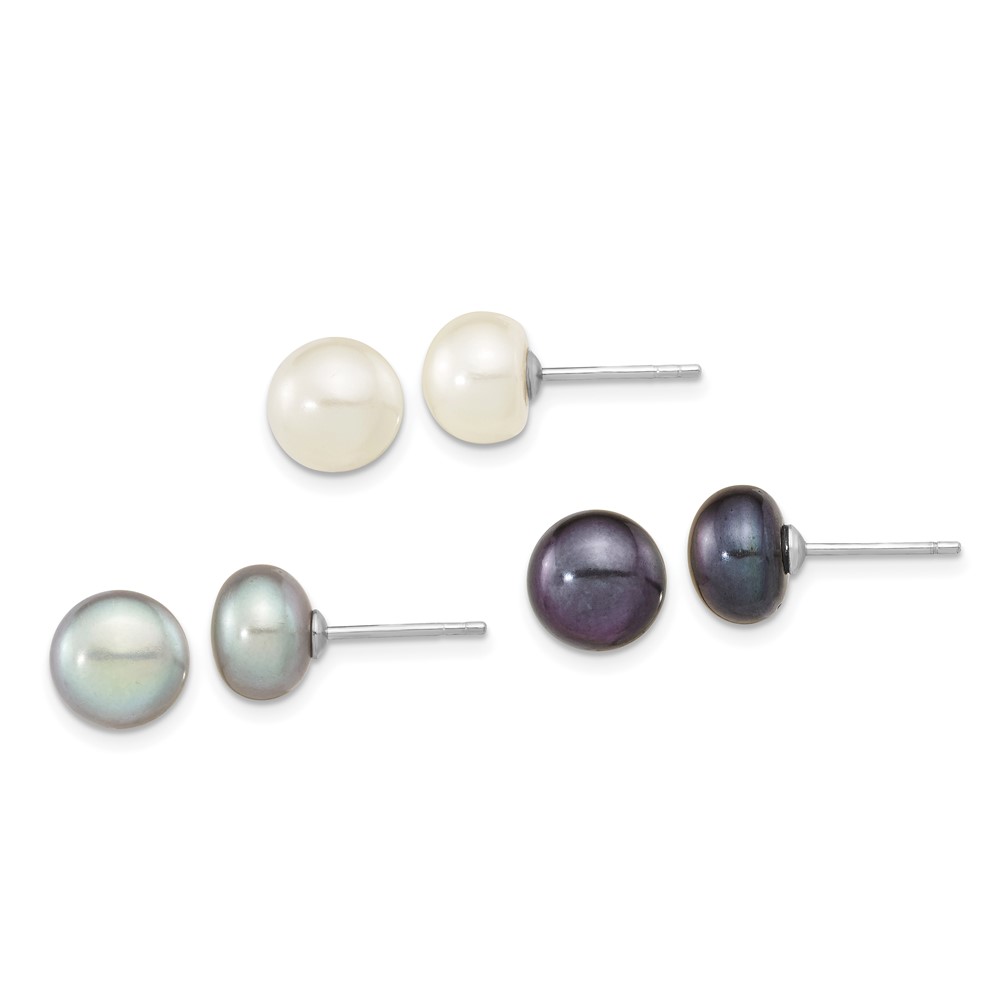 Picture of Finest Gold Sterling Silver Rhodium-plated 8-9 mm Set of 3 White&amp;#44; Black &amp; Gray Button FWC Pearl Earrings