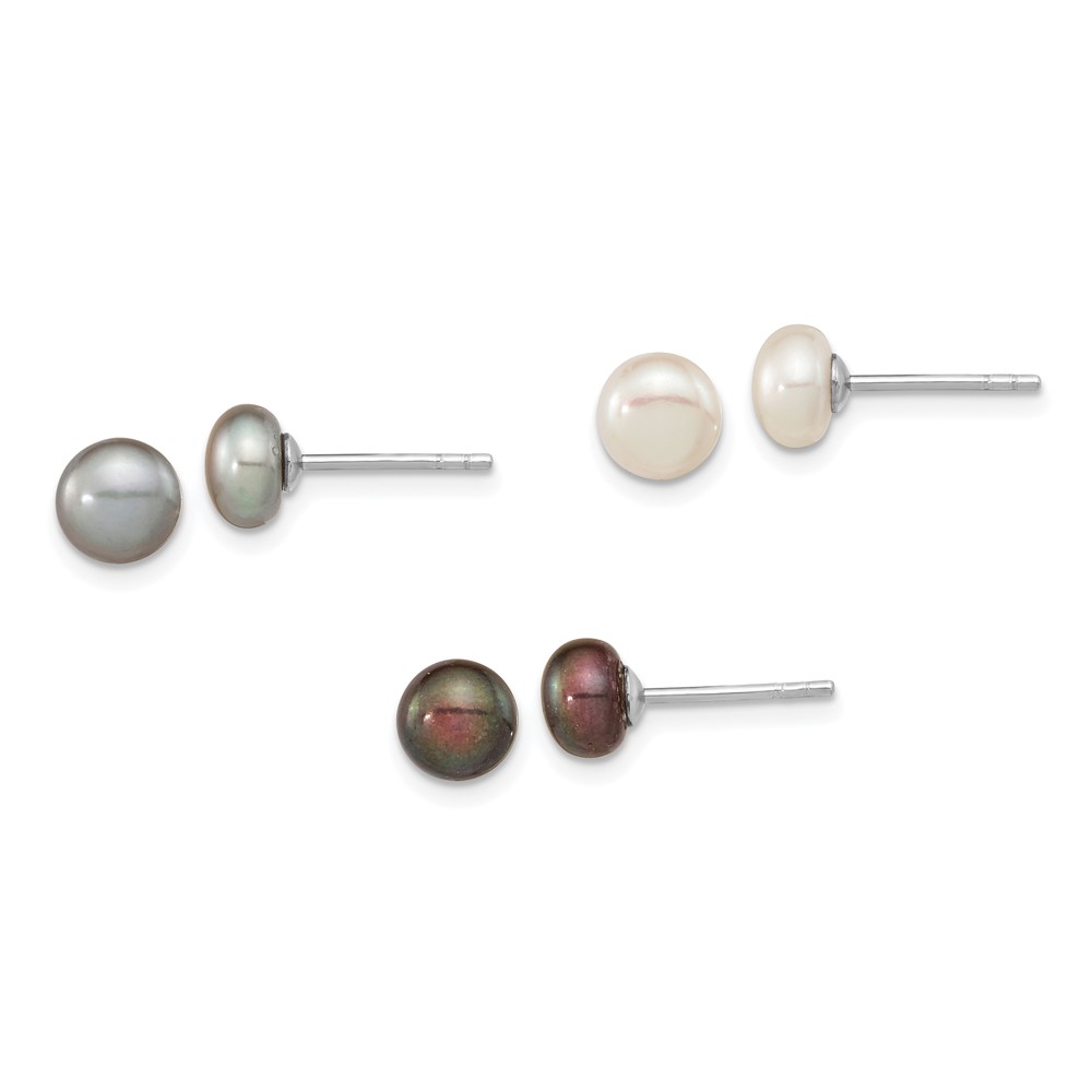 Picture of Finest Gold 6-7 mm Sterling Silver Rhodium Plated Button FWC Pearl Earrings&amp;#44; White&amp;#44; Black &amp; Grey - Set of 3