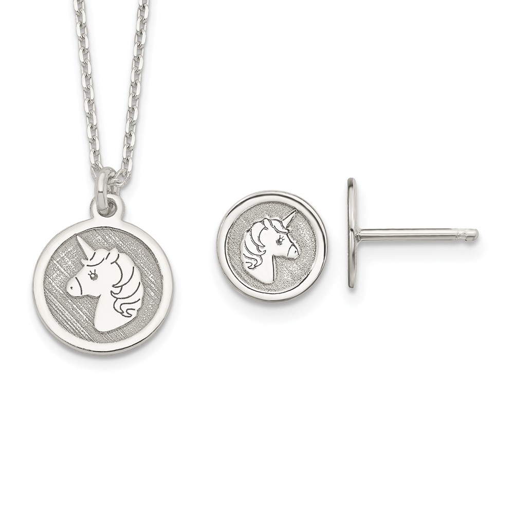 Picture of Quality Gold QST275 Sterling Silver Kids Unicorn Necklace & Post Earrings Set