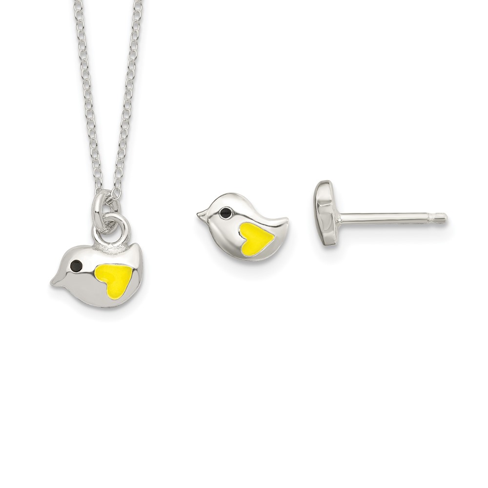Picture of Quality Gold QST273 Sterling Silver Kids Yellow Enameled Bird Necklace & Post Earrings Set
