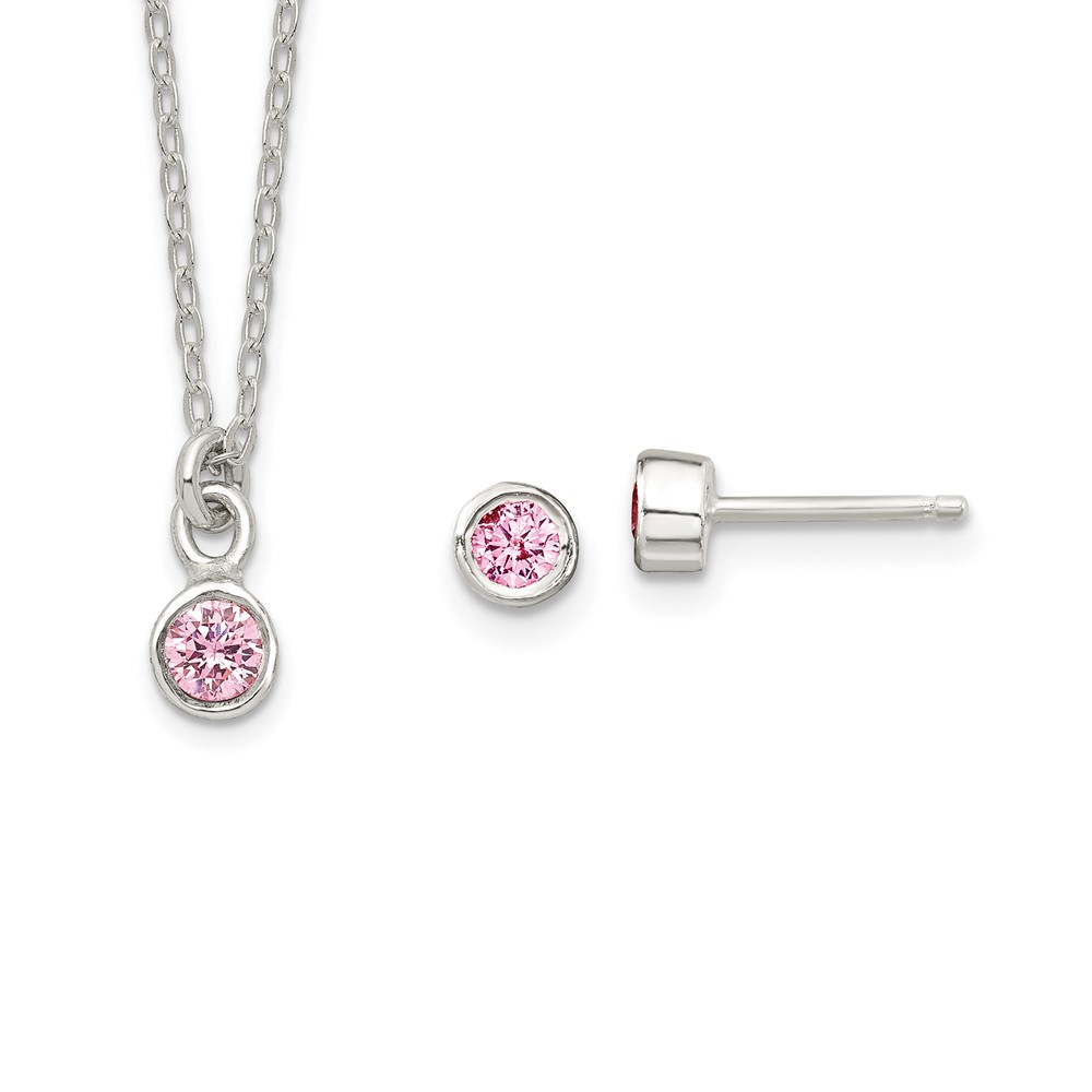 Picture of Quality Gold QST272 Sterling Silver Kids Bezel Pink CZ Necklace & Post Earrings Set