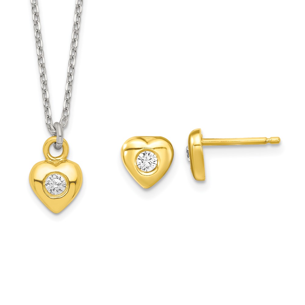 Picture of Quality Gold QST271 Sterling Silver Gold-Tone Kids CZ Heart Necklace & Post Earrings Set