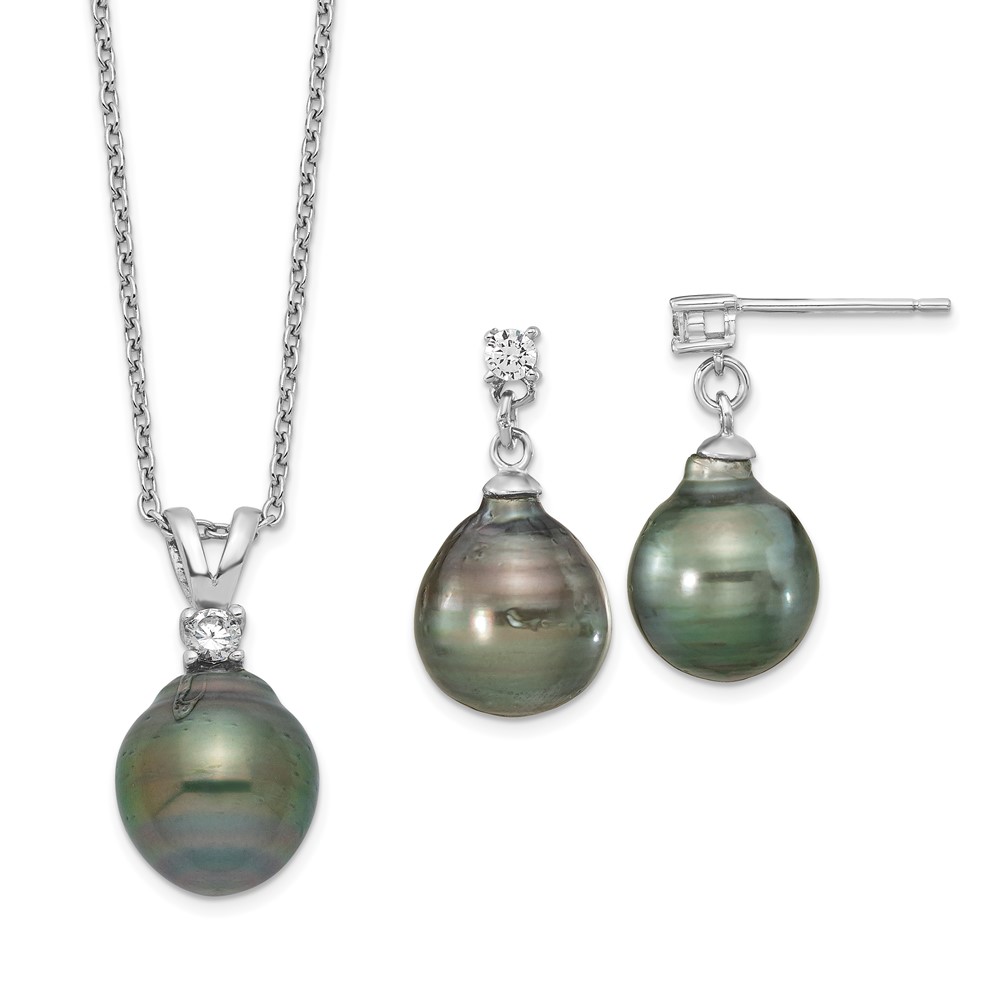 Picture of Finest Gold Sterling Silver Rhodium-Plated 9-10 mm Teardrop Tahitian Saltwater Pearl CZ Earrings &amp; Necklace Set