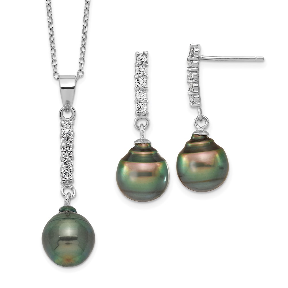 Picture of Finest Gold 9-10 mm Sterling Silver RH Tahitian Saltwater Pearl CZ Earring &amp; Necklace Set