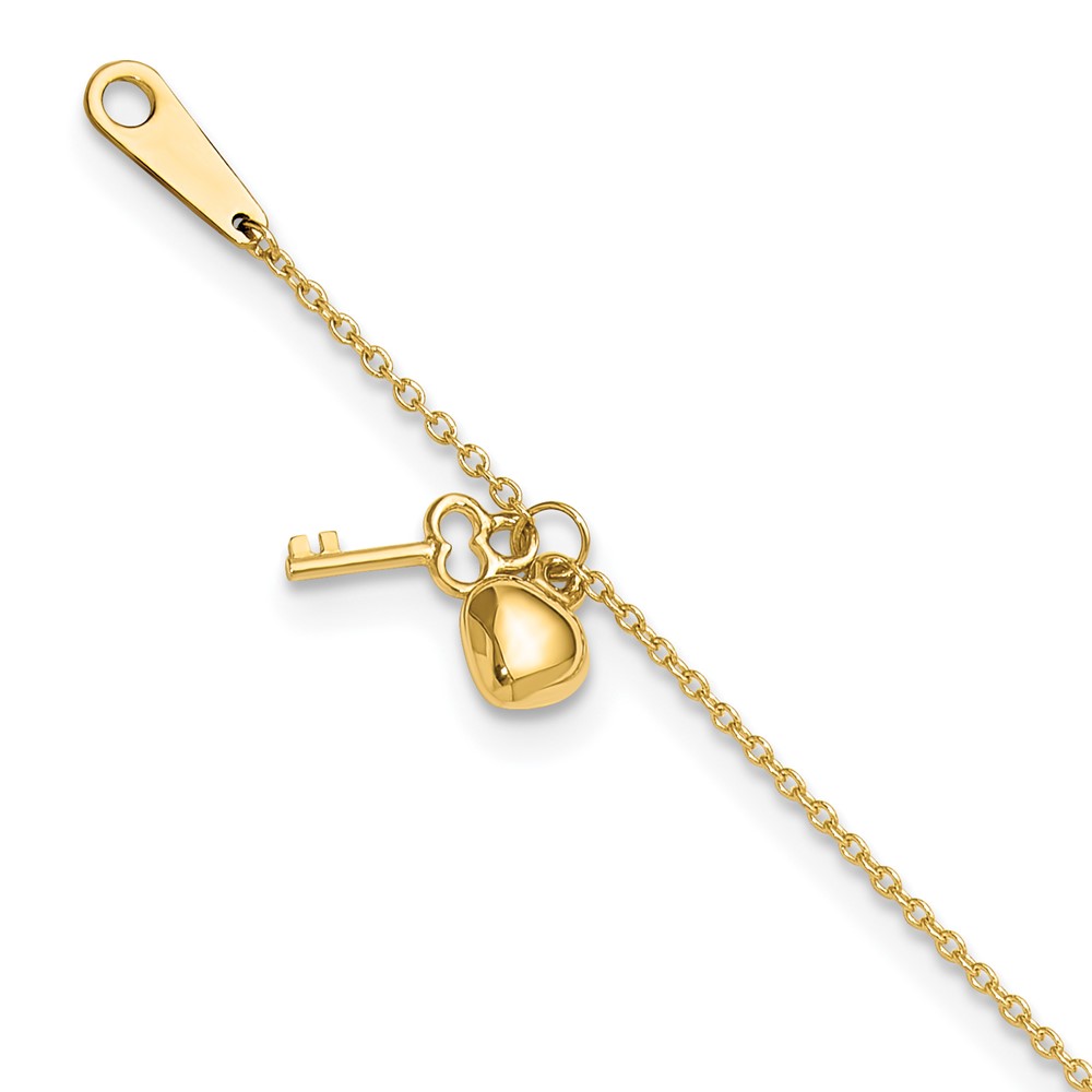 14K Yellow Gold Heart & Key 9 in. Plus 1 in. Extension Anklet -  Finest Gold, UBSANK289-10