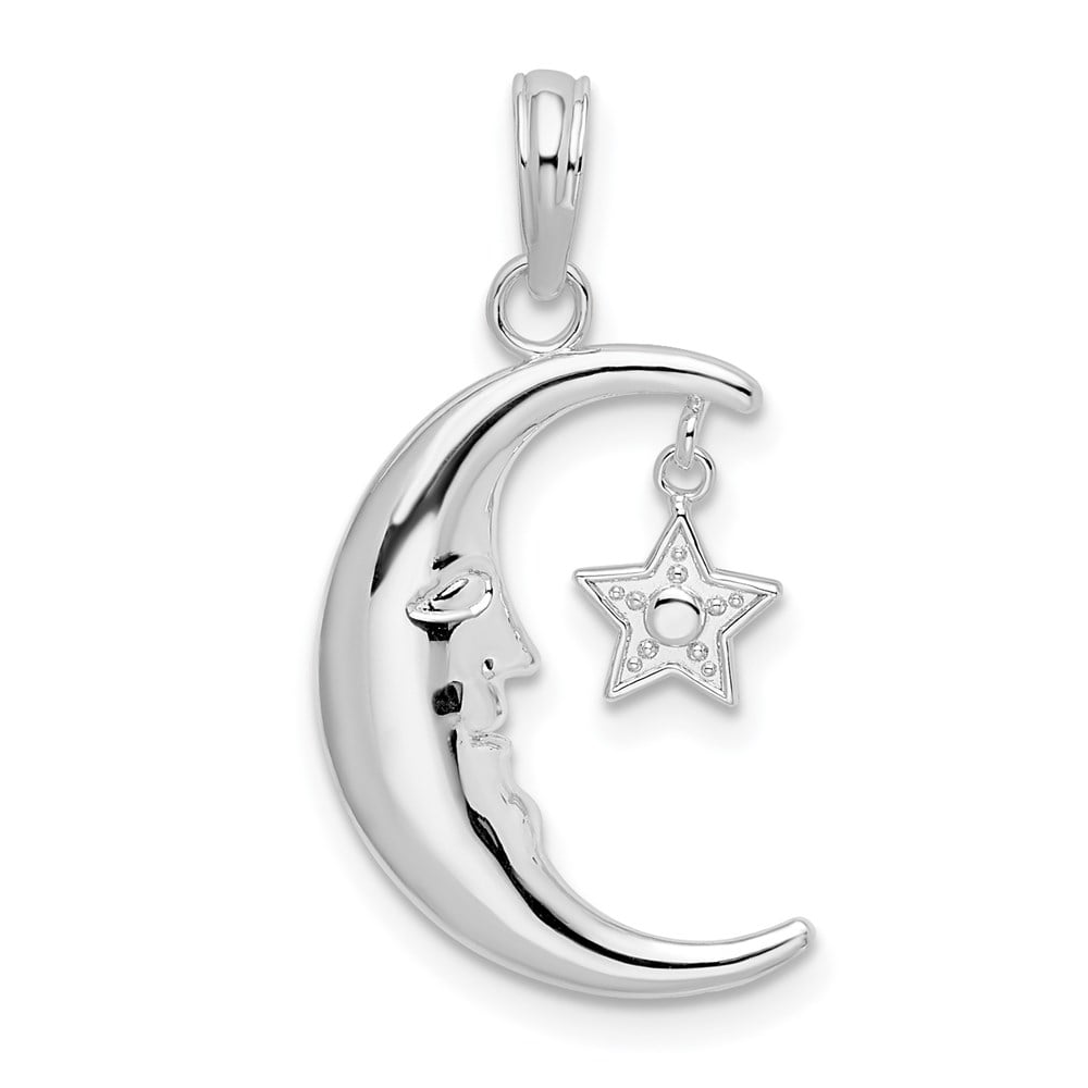 Sterling Silver Moveable Polished Crescent Moon with Star Pendant -  Finest Gold, UBSQC10518