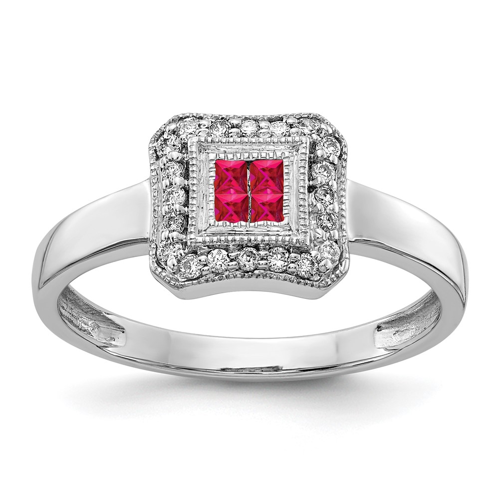 Picture of Finest Gold 14K White Gold Square Design Ruby &amp; Diamond Ring - Size 6