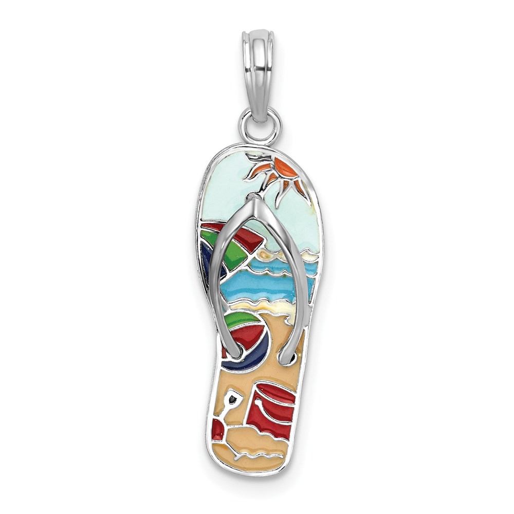 Picture of Quality Gold Sterling Silver Polished 3D Enameled Beach Scene Flip-Flop Pendant