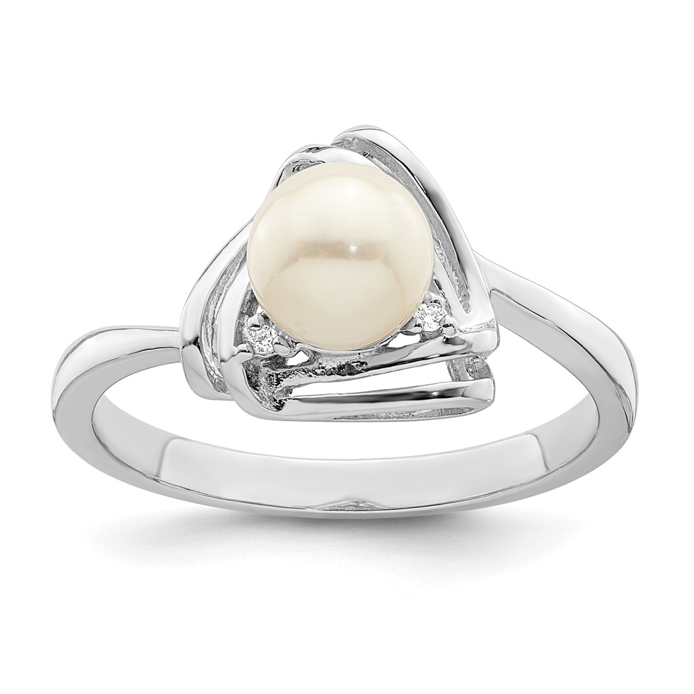 Picture of Finest Gold Sterling Silver Rhodium-Plated FWC Pearl &amp; CZ Triangle Ring - Size 7