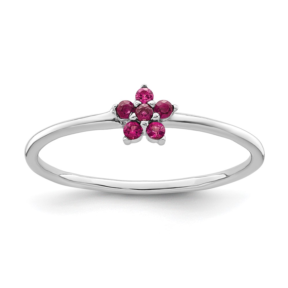 Picture of Finest Gold Sterling Silver Rhodium-Plated Polished Red CZ Flower Ring - Size 7