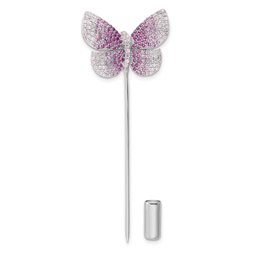 Sterling Silver Rhodium-Plated Polished Pink CZ Butterfly Pin -  Finest Gold, UBSQP5423