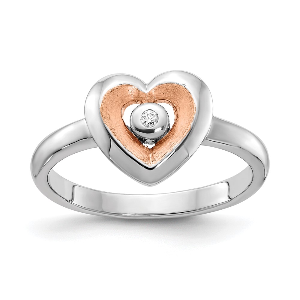 Picture of Finest Gold Sterling Silver Rhodium-Plated Rose Gold-Plated Polished Satin Diamond Heart Ring - Size 8
