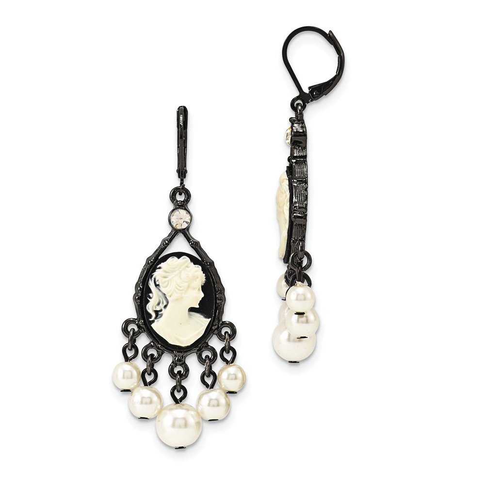 Picture of 1928 BF142 Black-Plated Cameo & Cultura Simulated Pearl Leverback Earrings