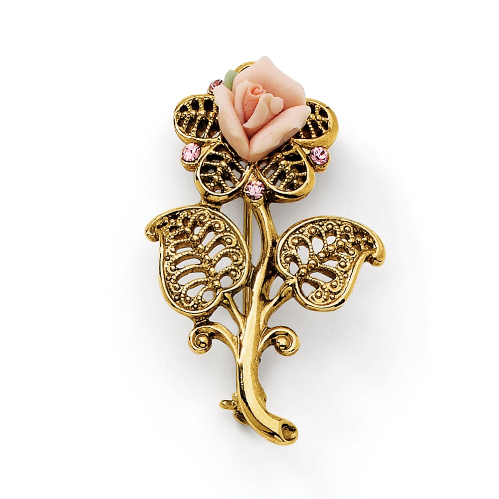 Picture of 1928 BF175 Gold-Tone Porcelain Rose & Pink Crystal Pin Brooch