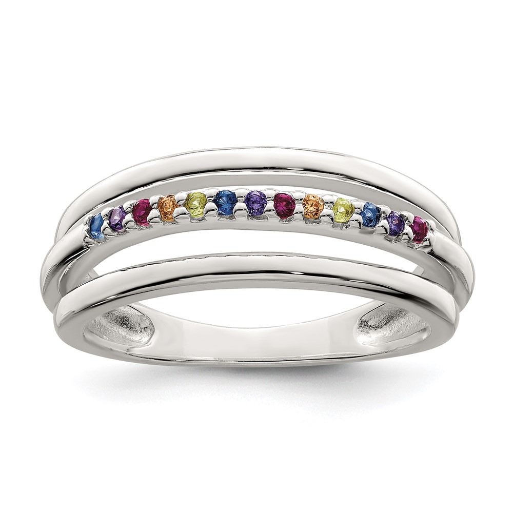 Picture of Finest Gold Sterling Silver Polished Rainbow CZ 3-Band Ring - Size 7