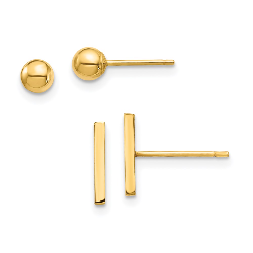 14K Yellow Gold Bar & 3mm Ball Post Earrings Set -  Finest Gold, UBSYE1874