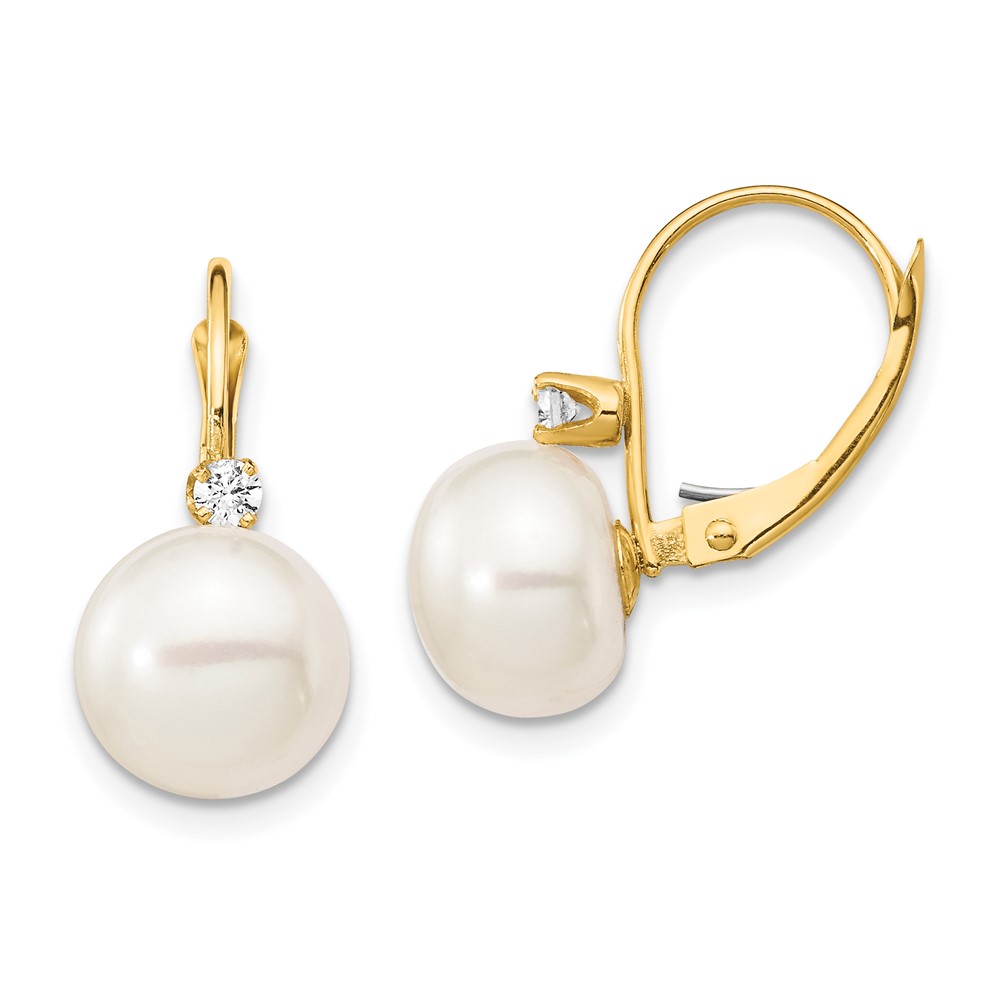 Picture of Finest Gold 14K 10-11 mm Yellow Gold White Button FWC Pearl Diamond LeverbacK Earrings - 0.10Ct
