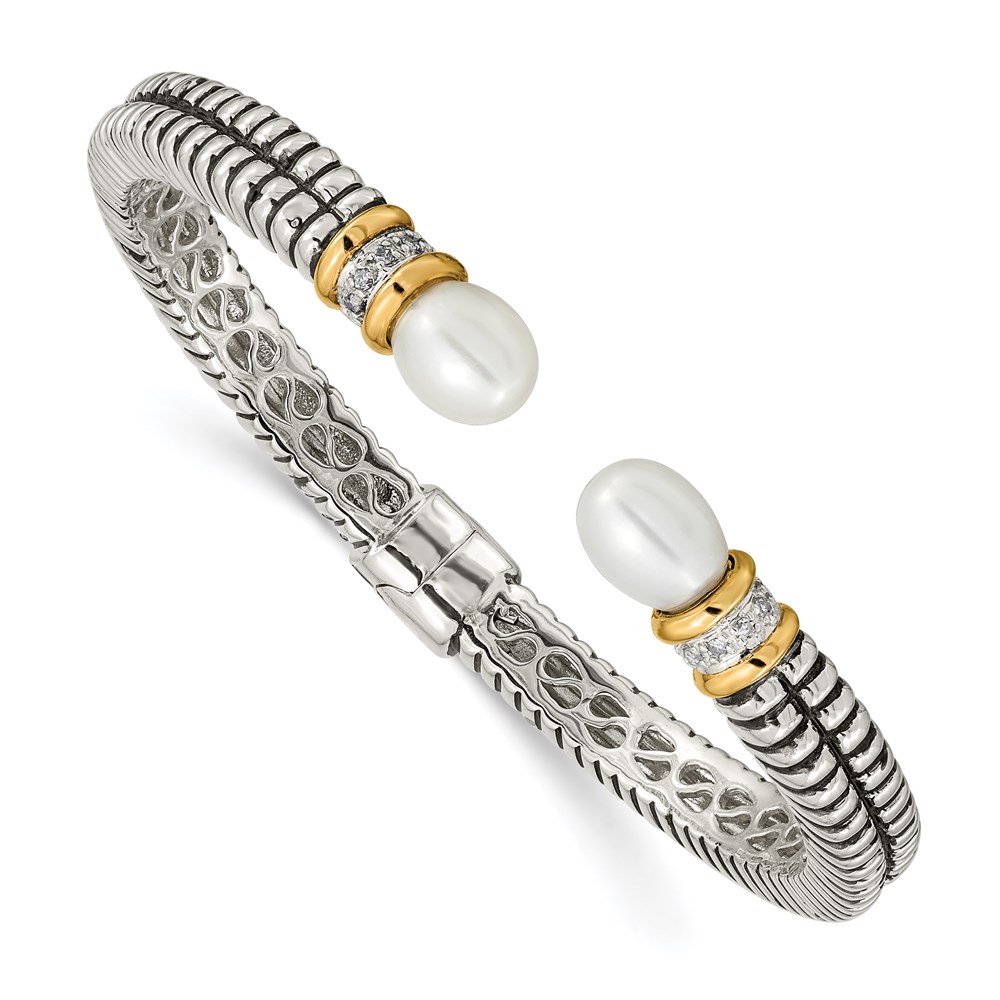 Picture of Finest Gold Sterling Silver with 14K True Two-Tone Freshwater Cultured Pearl &amp; Diamond Cuff Bracelet